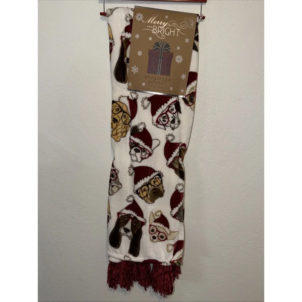 Merry & Bright Christmas Dogs Throw Blanket Cozy Plush Oversized 50 X 70 NWT New